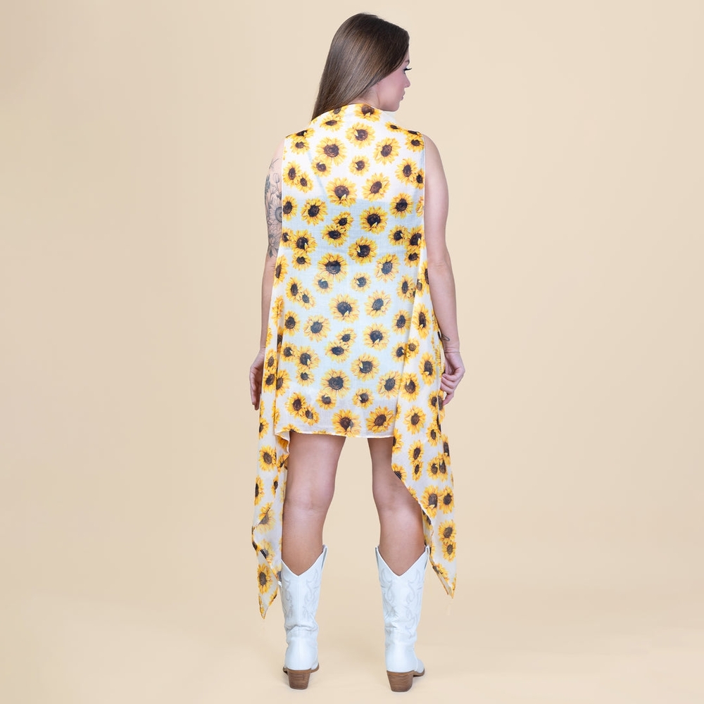 Sunflower Print Sleeveless Vest With Tassel